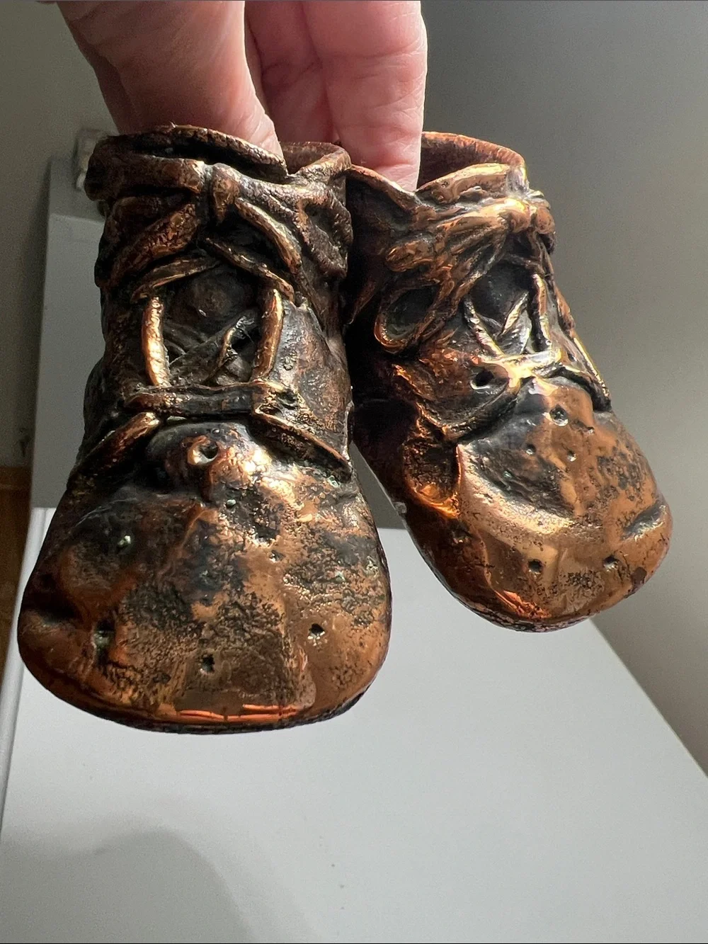 Bronzed Antique Classic Baby Walker Shoes Figurine in Metallic Brown - Vintage